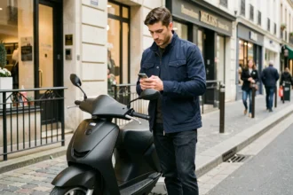 Jeune homme consultant son téléphone à côté de son scooter 125cc pour comparer des assurances en ligne dans une rue parisienne