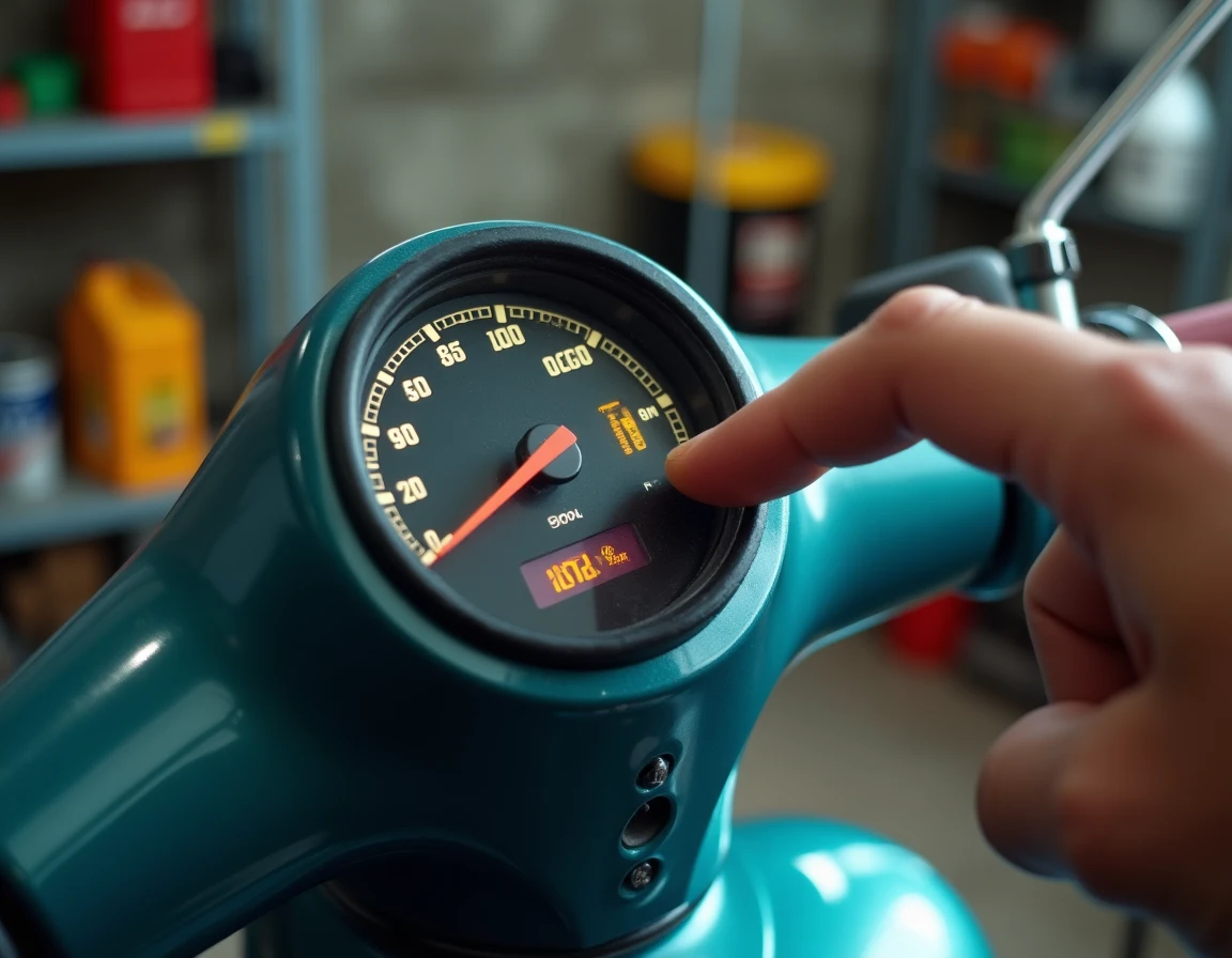 Gros plan sur le compteur kilométrique d'un Honda 125 d'occasion dans un garage, indiquant le kilométrage réel avant achat