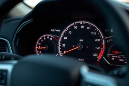 Compteur de vitesse affichant 180 mph avec l'équivalent en km/h visible sur le tableau de bord d'une voiture moderne