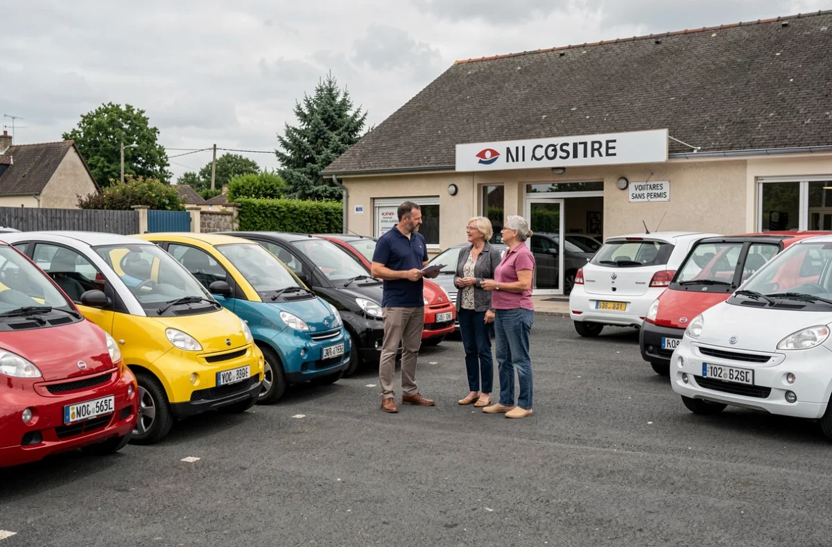 Concessionnaire présentant des voitures sans permis d'occasion à un couple dans un garage d'Auxerre