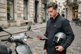 Jeune conducteur de scooter 50cc tenant un contrat d'assurance sur un trottoir urbain en Europe