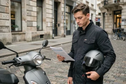 Jeune conducteur de scooter 50cc tenant un contrat d'assurance sur un trottoir urbain en Europe