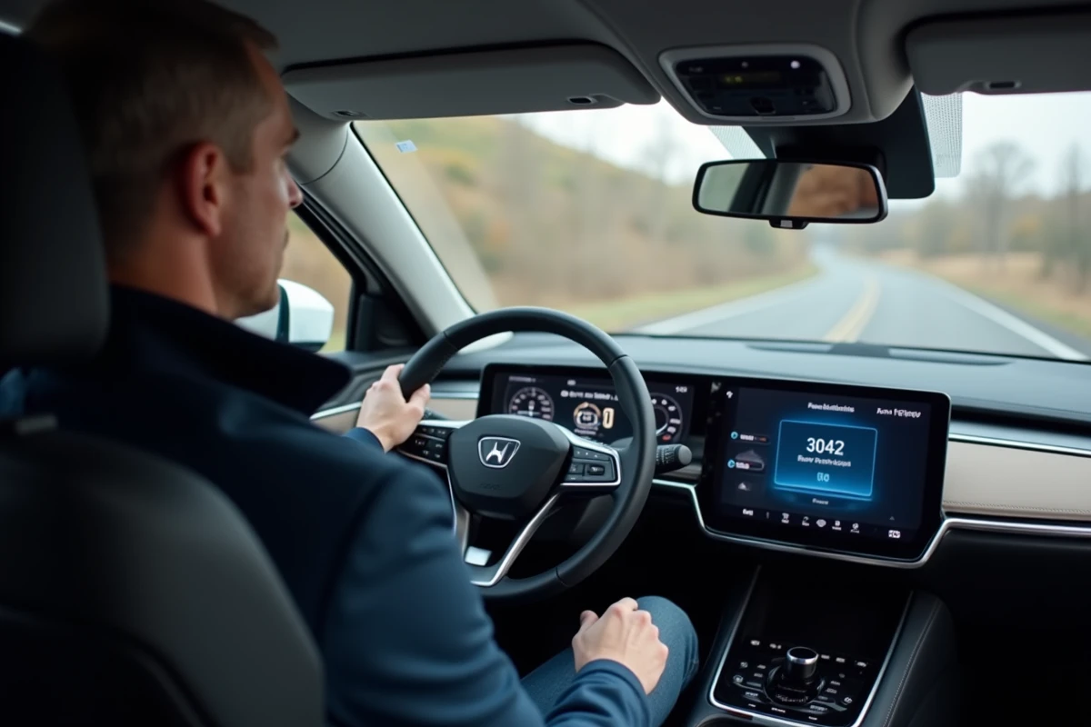 Journaliste automobile au volant d'une voiture hybride examinant le tableau de bord numérique et les données de consommation