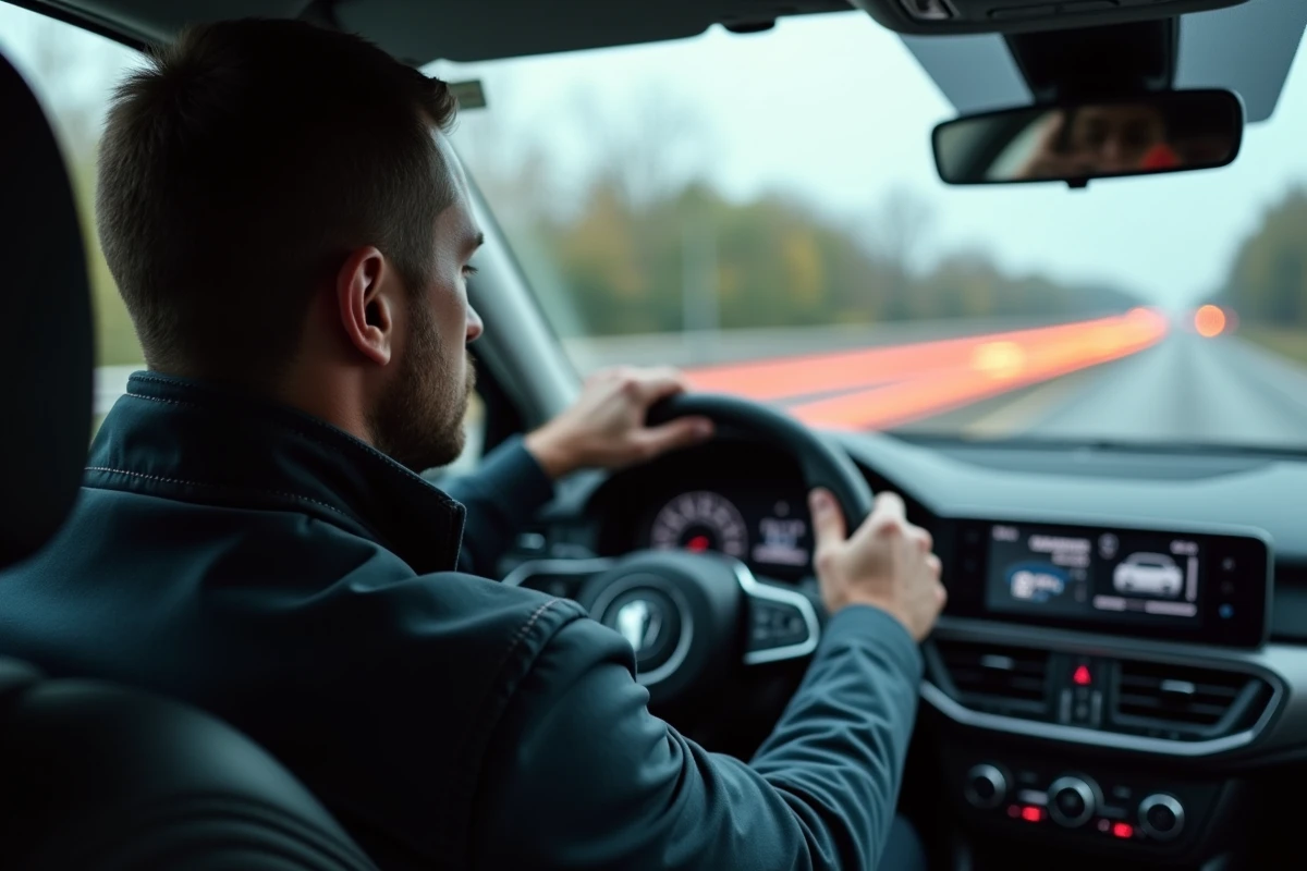 Conducteur concentré au volant d'une voiture sur autoroute, illustrant la sensation de vitesse élevée en conduite
