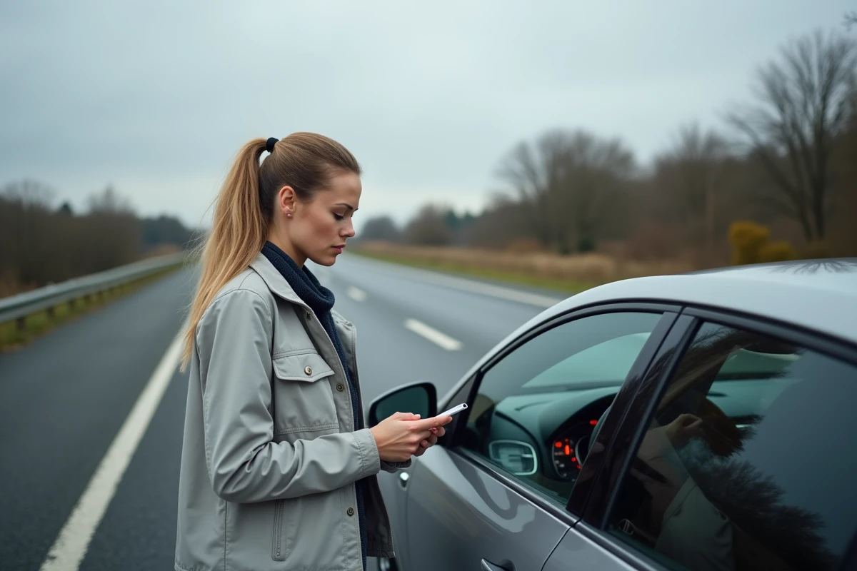 Conductrice inquiète devant sa Renault Mégane diesel sur aire d'autoroute, problème moteur 1.5 dCi