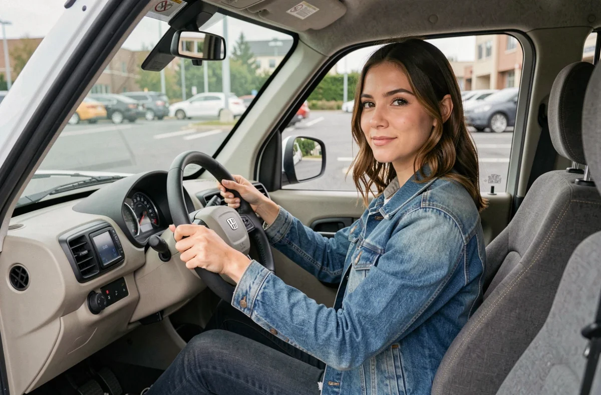 Jeune femme au volant d'une voiture sans permis, intérieur minimaliste avec tableau de bord numérique