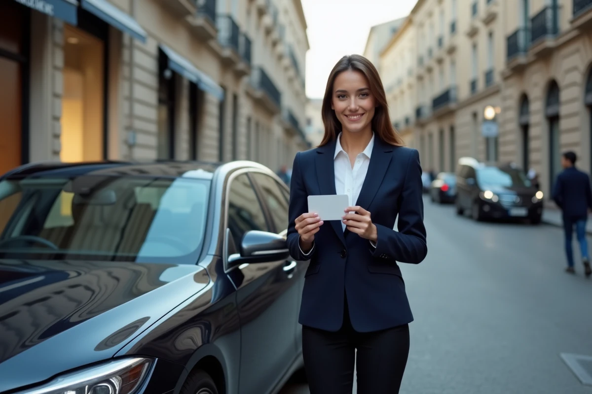 Conductrice VTC tenant sa carte professionnelle devant son véhicule dans une rue urbaine