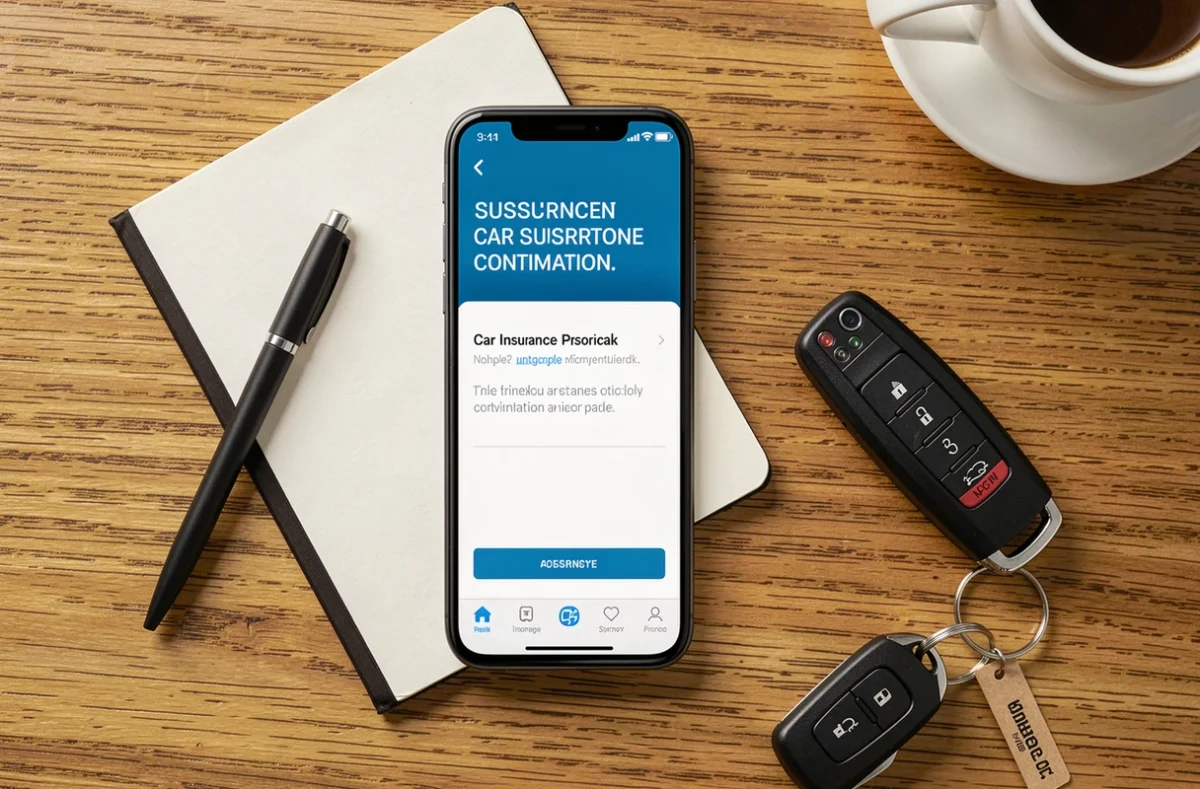 Vue de dessus d'un bureau avec smartphone affichant une confirmation d'assurance auto et clé de voiture