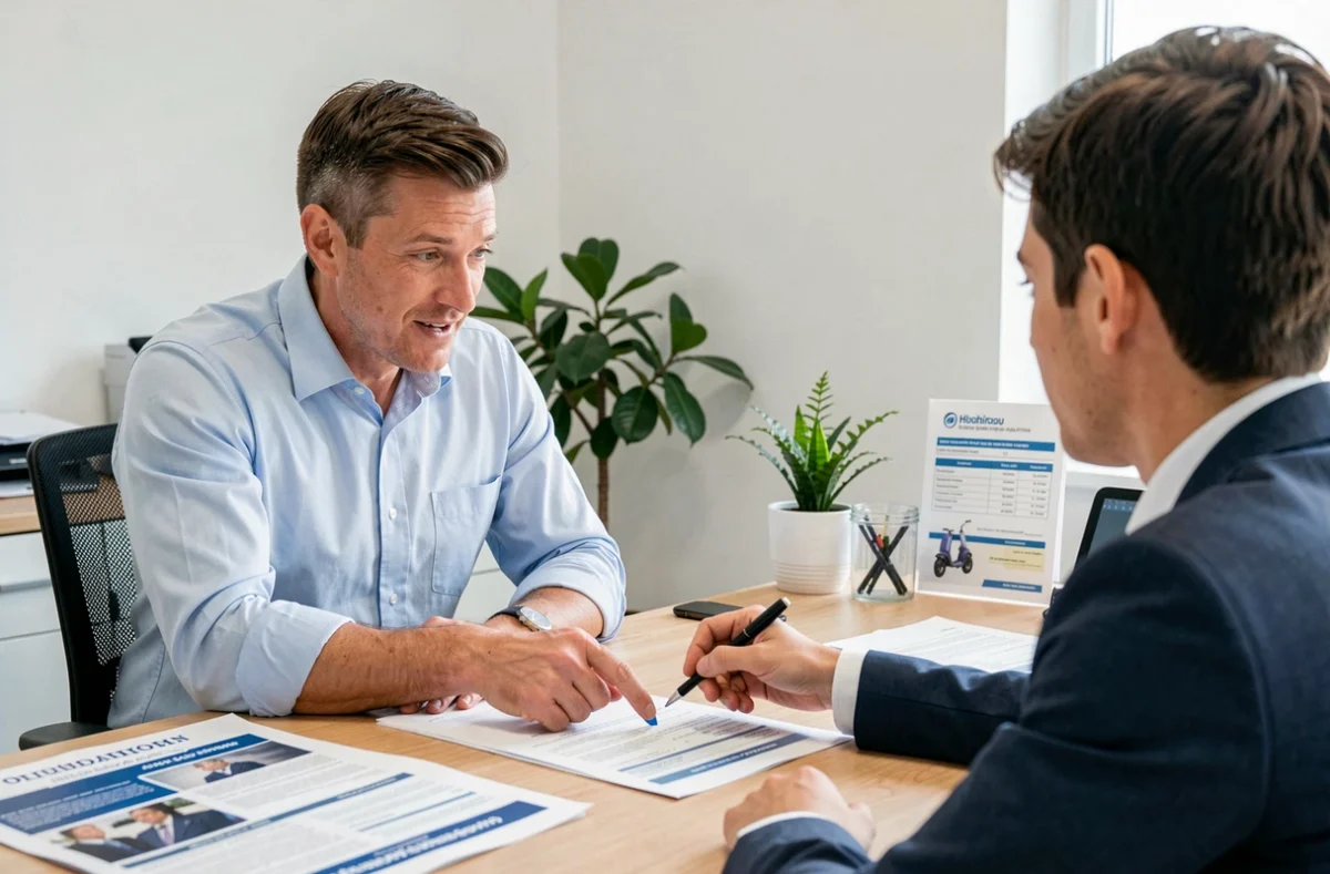 Agent d'assurance conseillant un client sur le tarif d'une assurance scooter 50cc dans un bureau professionnel