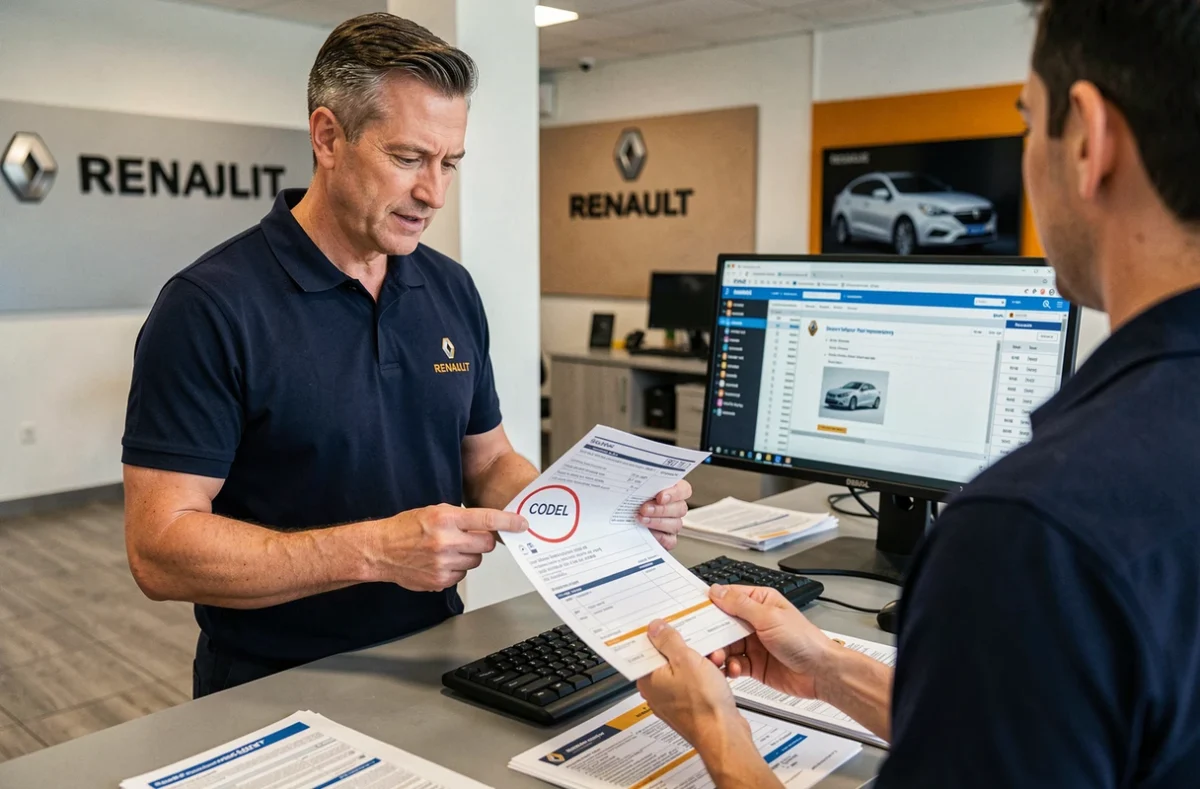 Conseiller de concession Renault montrant le code radio d'une Clio 3 sur un document de service au comptoir
