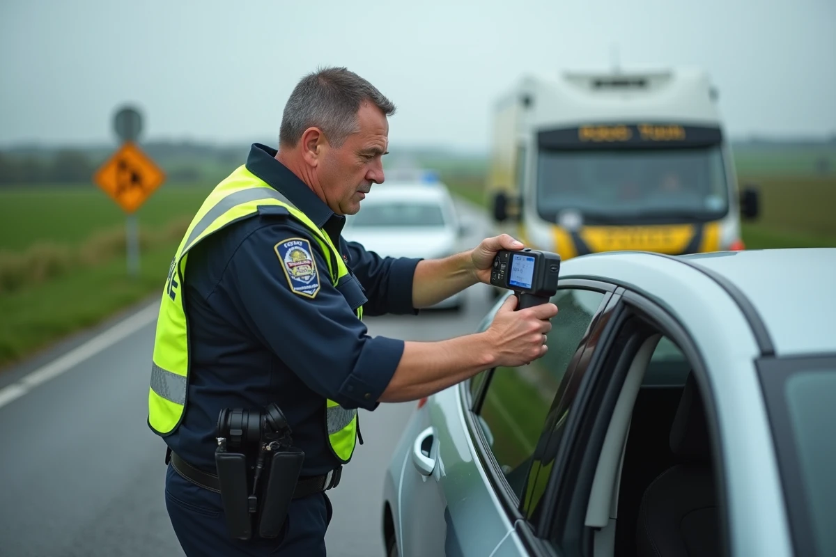 Contrôle d'alcoolémie par un policier en bord de route avec éthylotest professionnel, limite alcool au volant