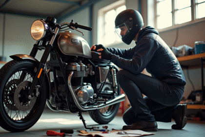 Personne en équipement moto vérifiant le moteur d'une moto classique dans un garage ensoleille