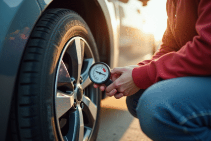 Personne vérifiant la pression des pneus d'une petite voiture en station essence