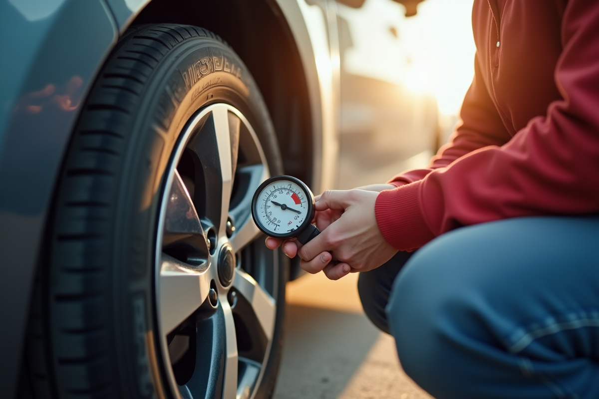 Personne vérifiant la pression des pneus d'une petite voiture en station essence