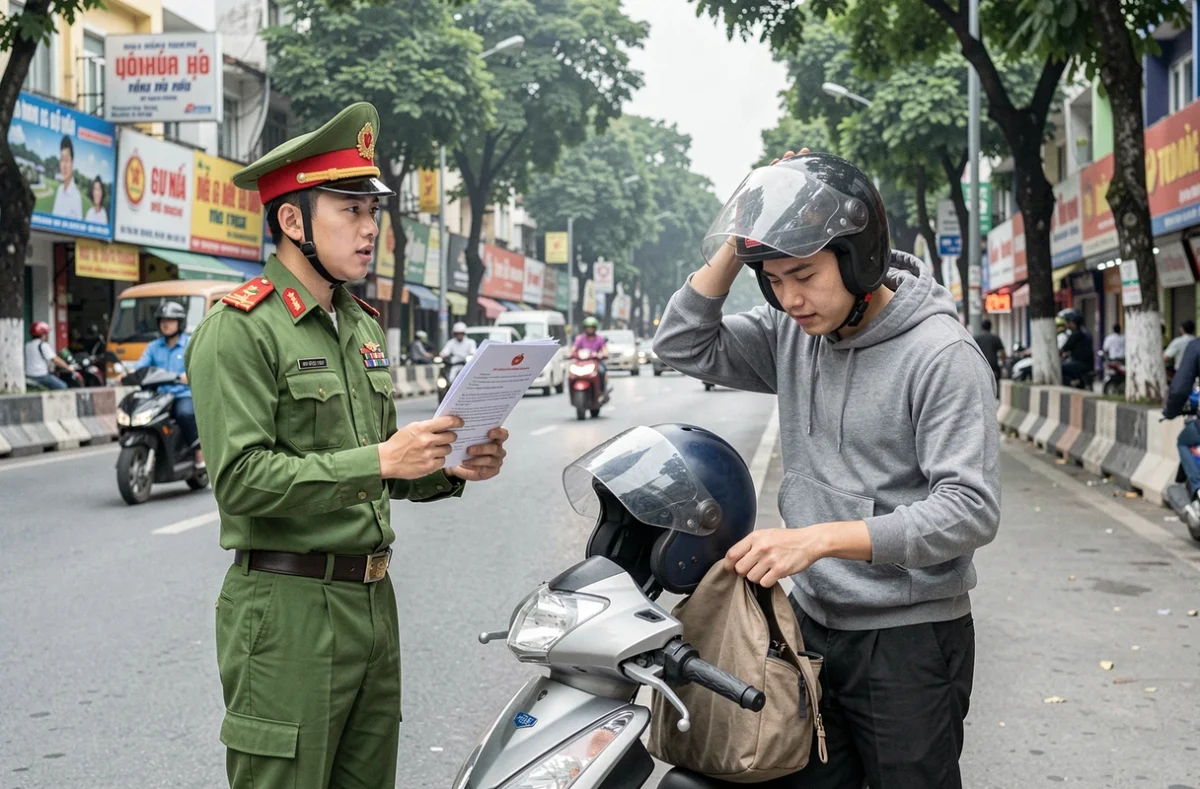 Policier vietnamien contrôlant les documents d'assurance d'un conducteur de scooter arrêté sur un boulevard à Hanoï