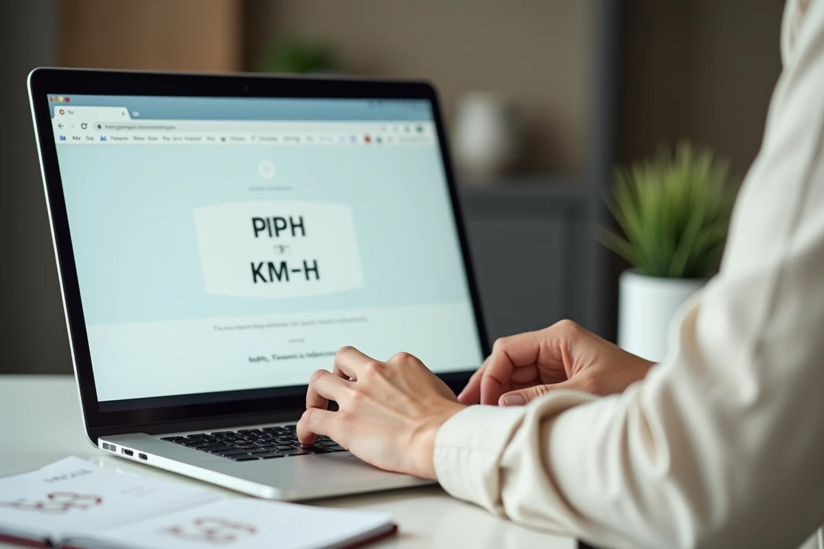 Mains sur un clavier devant un site web de conversion de vitesse mph en km/h sur ordinateur portable