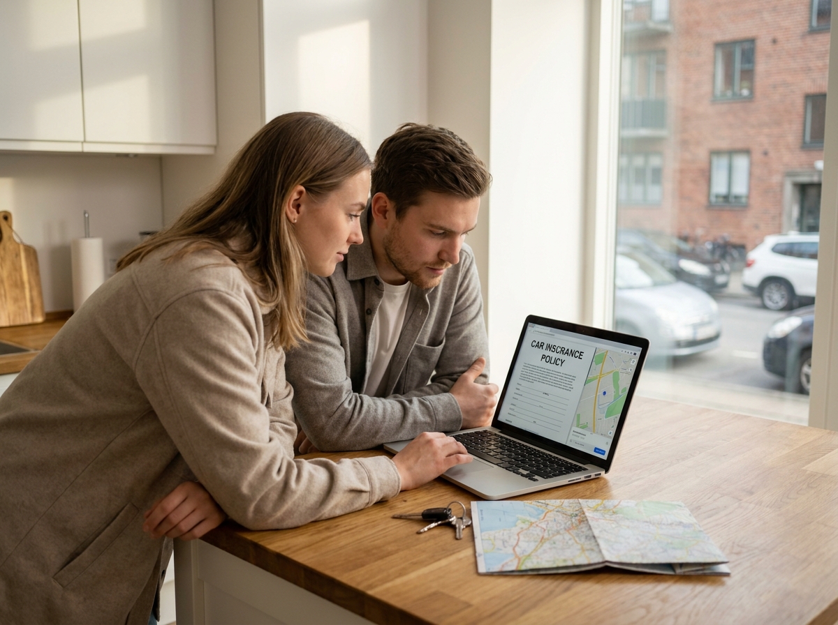 Jeune couple consultant un contrat d'assurance auto au kilomètre sur un ordinateur portable à leur table de cuisine avec des clés de voiture