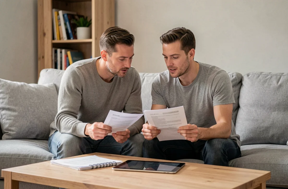 Couple étudiant des documents d'assurance auto sans justificatif dans leur salon