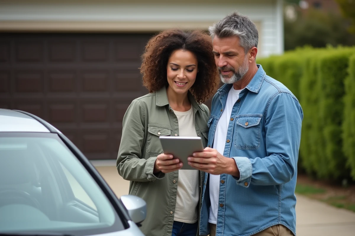 Couple consultant une offre d'assurance auto en ligne sur tablette devant leur voiture dans une allée résidentielle