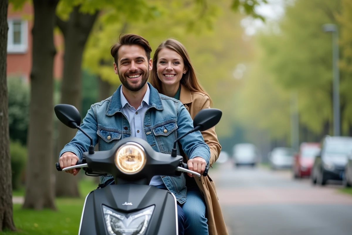 Couple souriant sur un scooter en quartier résidentiel
