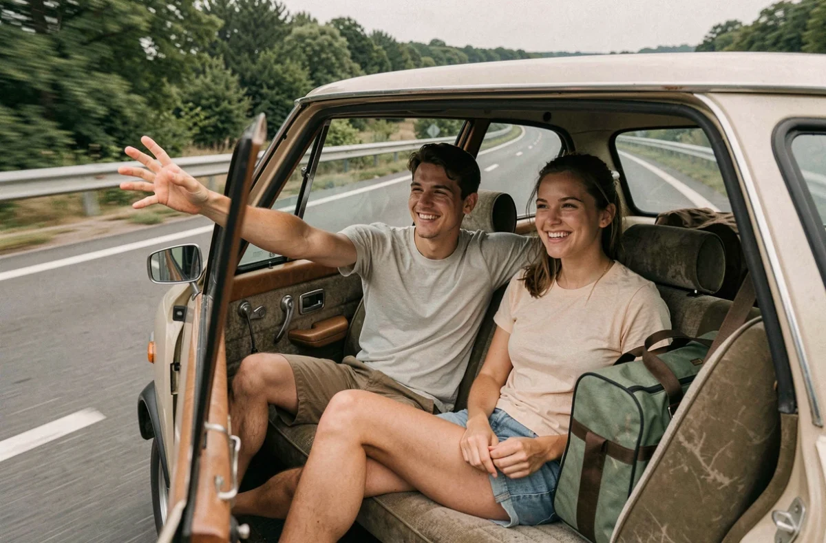 Jeune couple en voiture sur l'autoroute pendant les vacances d'été, bras tendu par la fenêtre ouverte