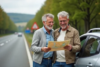 Couple français souriant pointant une carte routière à côté de leur voiture