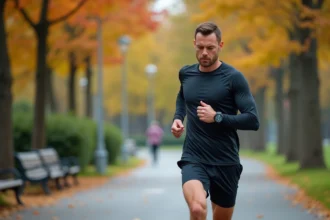 Coureur masculin en tenue de running consultant sa montre GPS pour vérifier son allure en miles et kilomètres par heure sur un chemin de parc