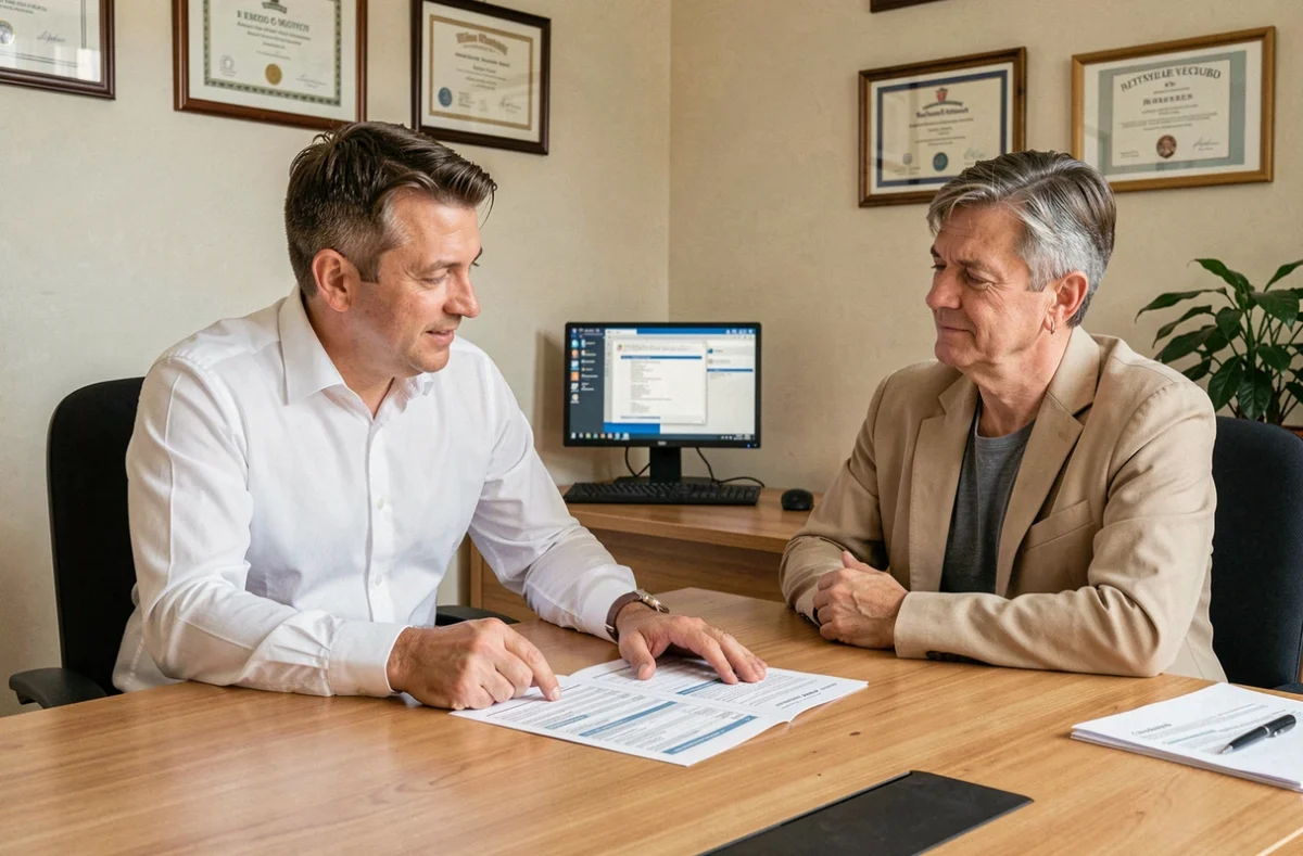 Courtier en assurance conseillant un client sur une nouvelle couverture auto après résiliation dans un bureau professionnel