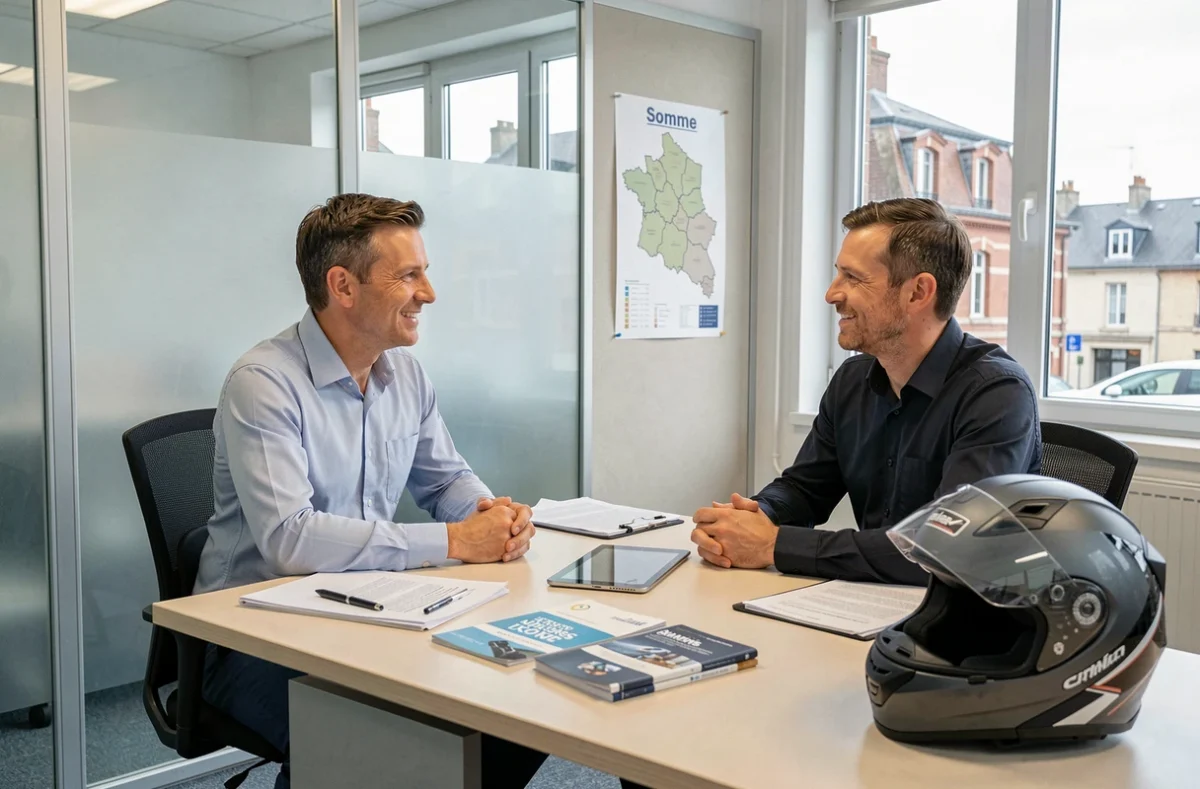 Courtier en assurance moto conseillant un client dans une agence à Amiens