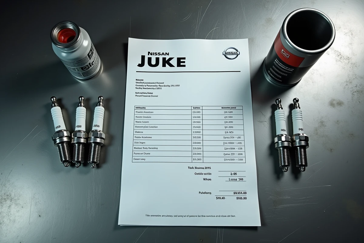Vue aérienne des pièces d'entretien et d'une facture de révision pour un Nissan Juke sur un établi d'atelier