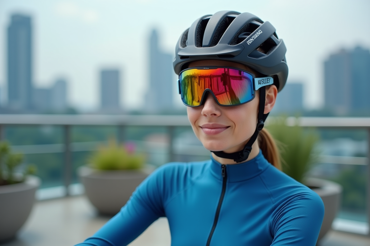 Femme cycliste regardant la ville depuis un toit urbain