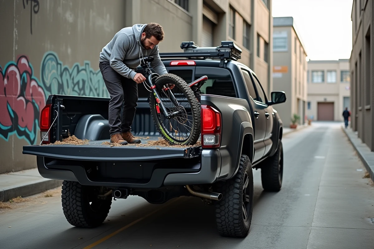 Homme chargeant du matériel outdoor dans le plateau du pick-up Dacia 2026, vue arrière trois quarts dans un environnement urbain industriel