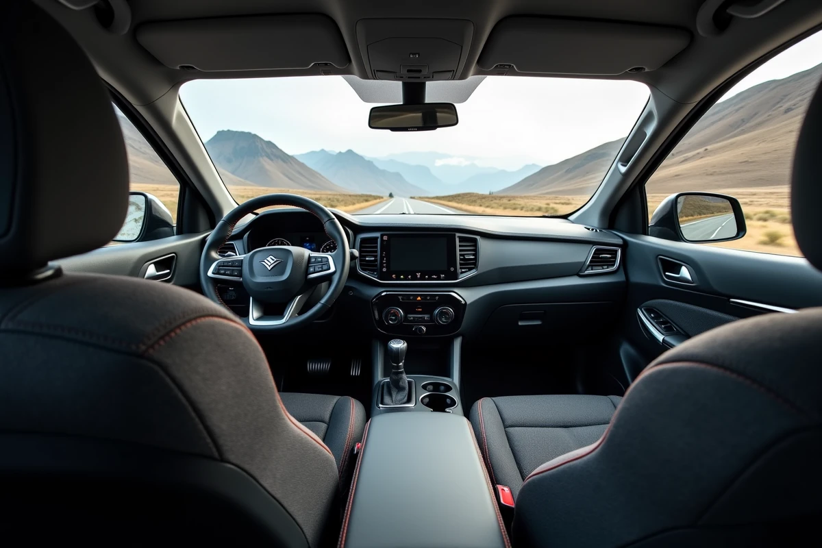 Intérieur minimaliste du pick-up Dacia 2026 avec tableau de bord fonctionnel, sièges en tissu gris et touches orangées, ambiance utilitaire moderne