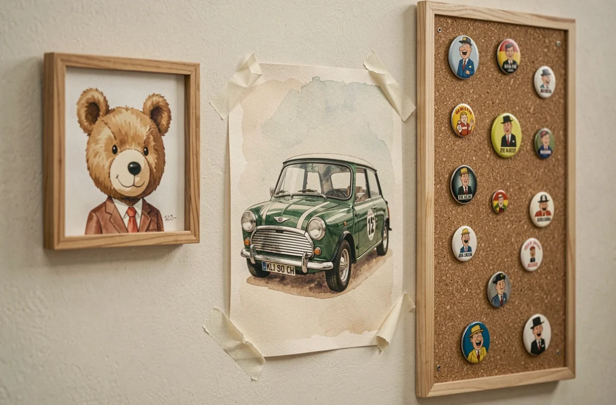 Mur de chambre d'enfant décoré avec des illustrations Mr. Bean, affiche de Mini voiture et tableau liège DIY