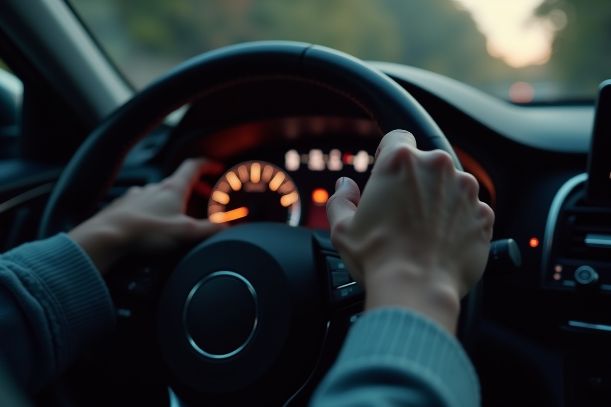 Conducteur tournant la clé de contact avec voyants allumes dans la voiture