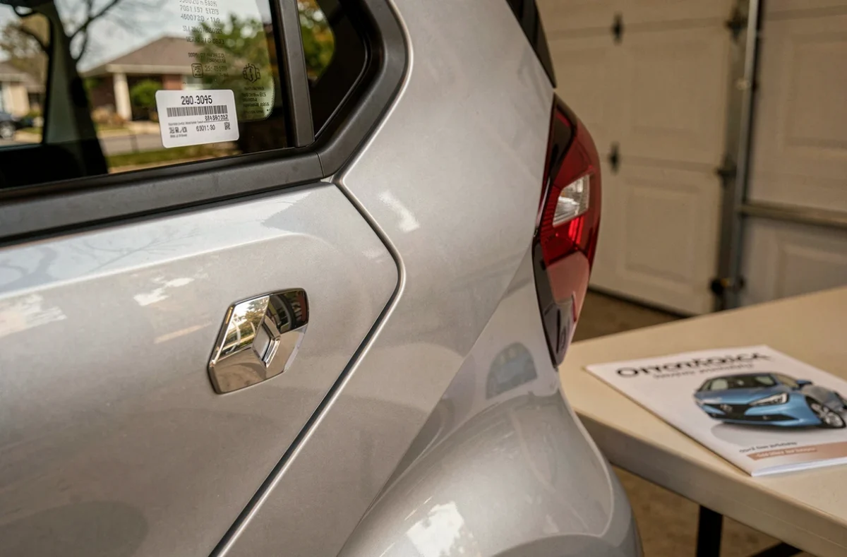 Détail du badge et de la carrosserie d'une voiture sans permis électrique Renault en concession avec étiquette de prix