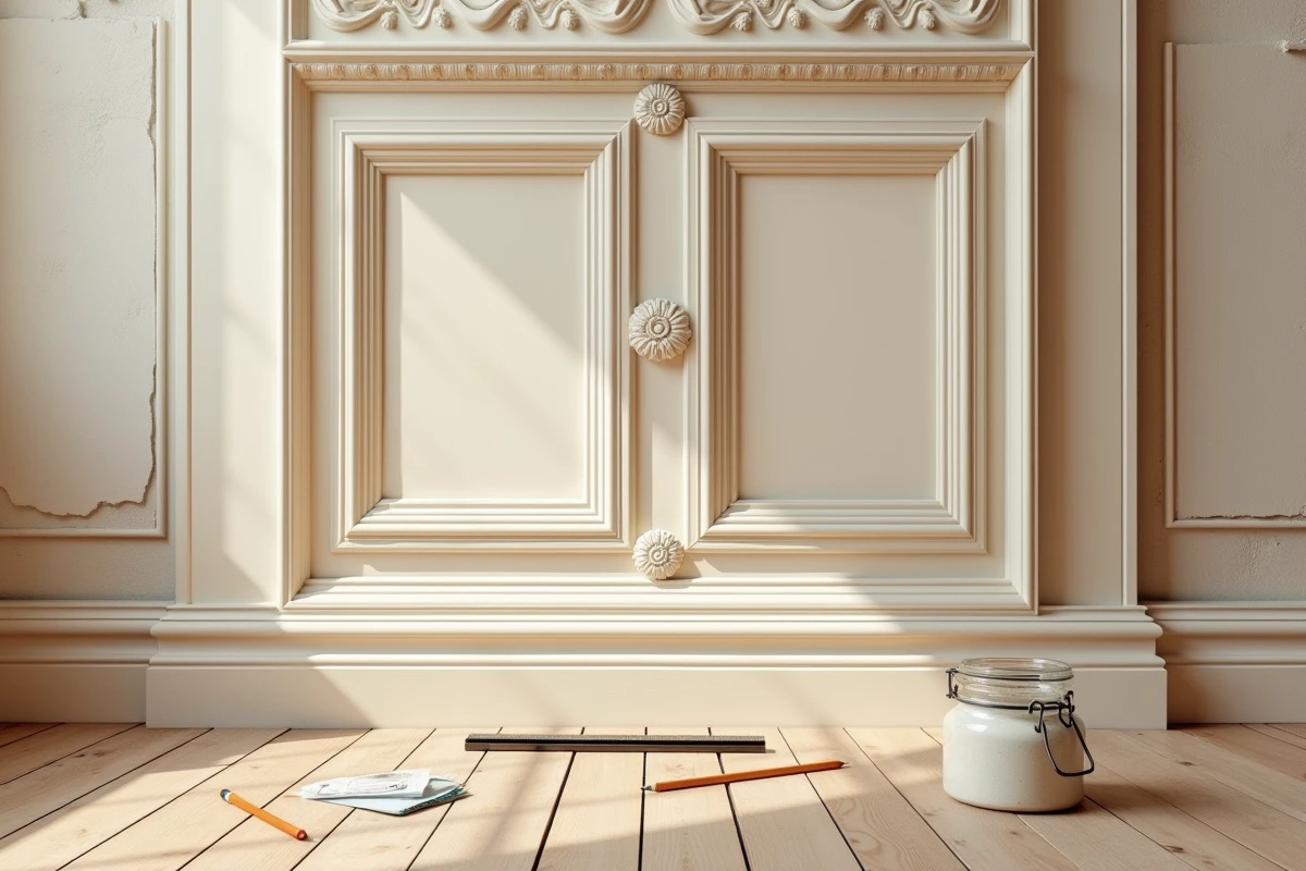 Détail d'un panneau de boiserie sculptée avec moulures classiques et médaillons en rosette dans un appartement parisien en rénovation