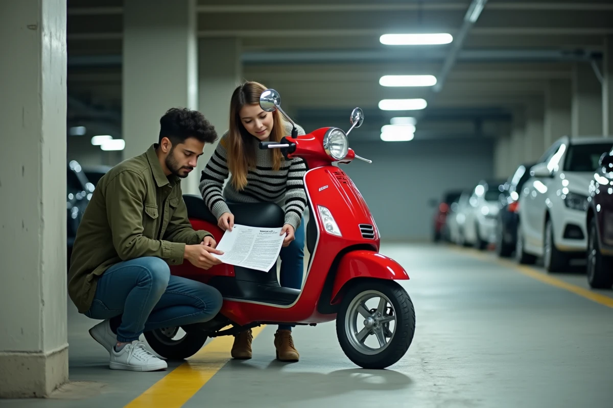 Deux étudiants examinant une fiche de prix d'un scooter 50cc rouge dans un parking souterrain