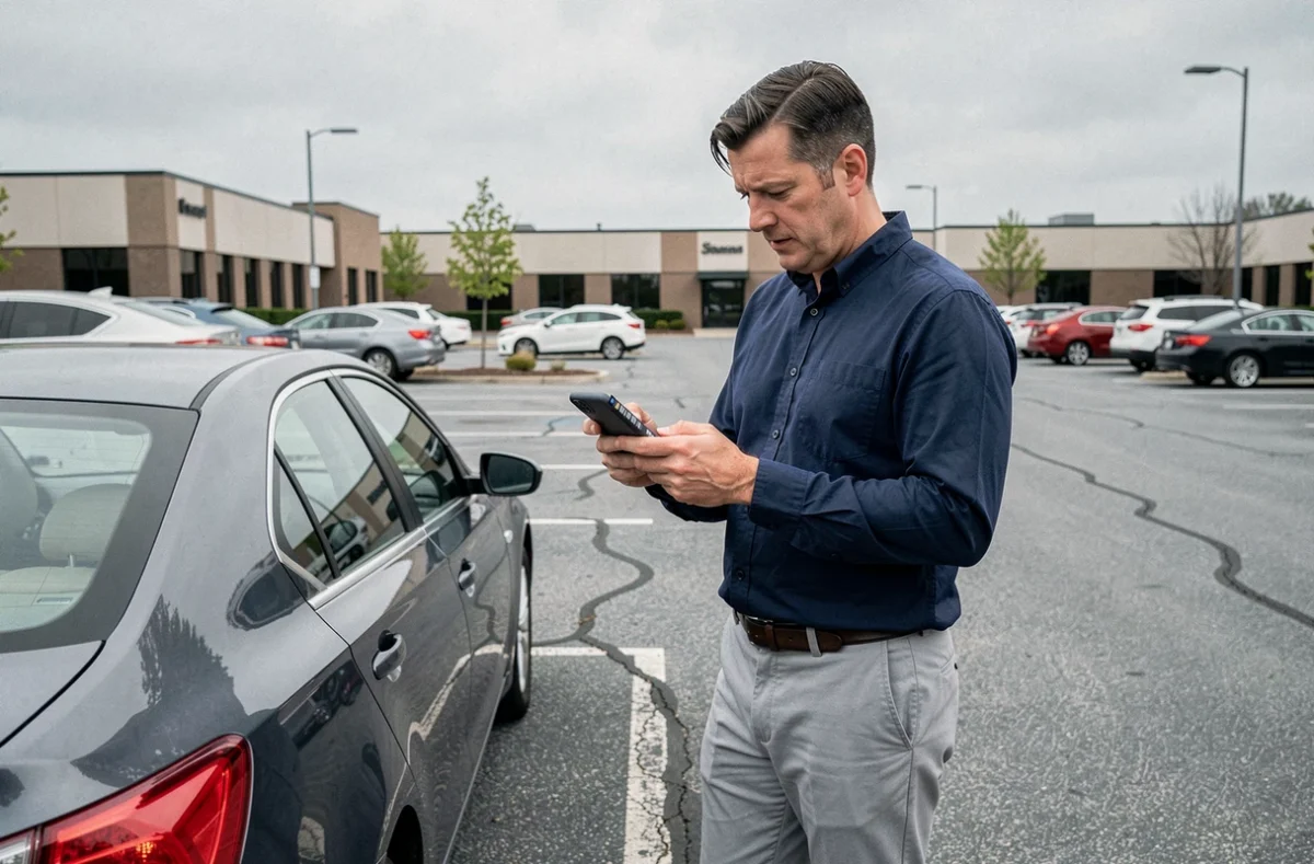 Homme consultant un devis assurance auto sur smartphone à côté de sa voiture dans un parking