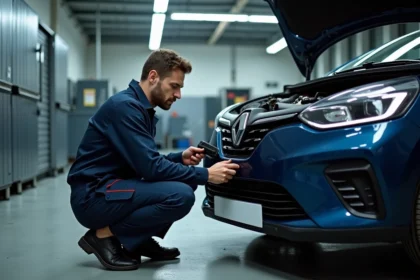 Technicien automobile connectant un scanner OBD-II sur une Renault pour diagnostiquer le code erreur intermittent 1525F3