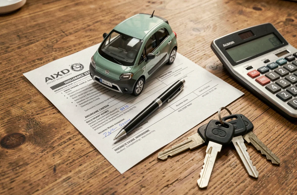 Documents d'assurance pour voiture sans permis Aixam avec clés et calculatrice sur un bureau