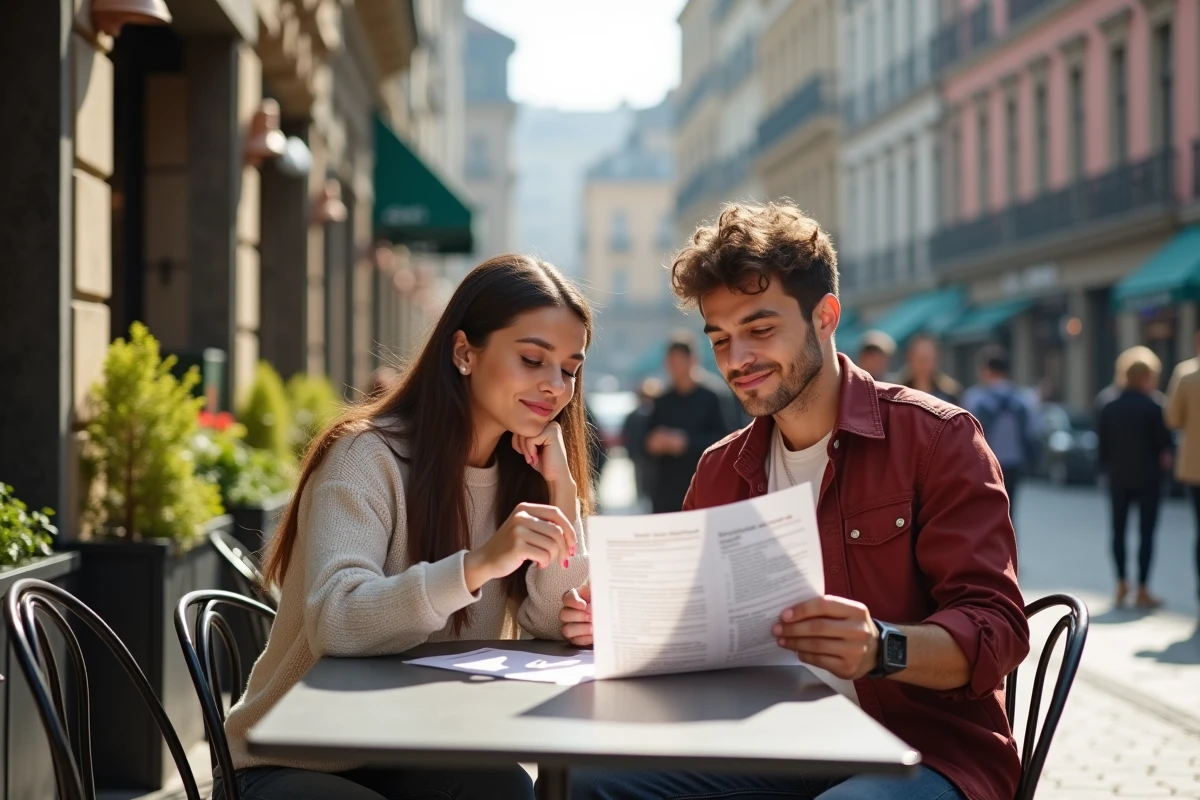 Deux jeunes adultes révisant ensemble les questions du permis de conduire 2026 en terrasse de café