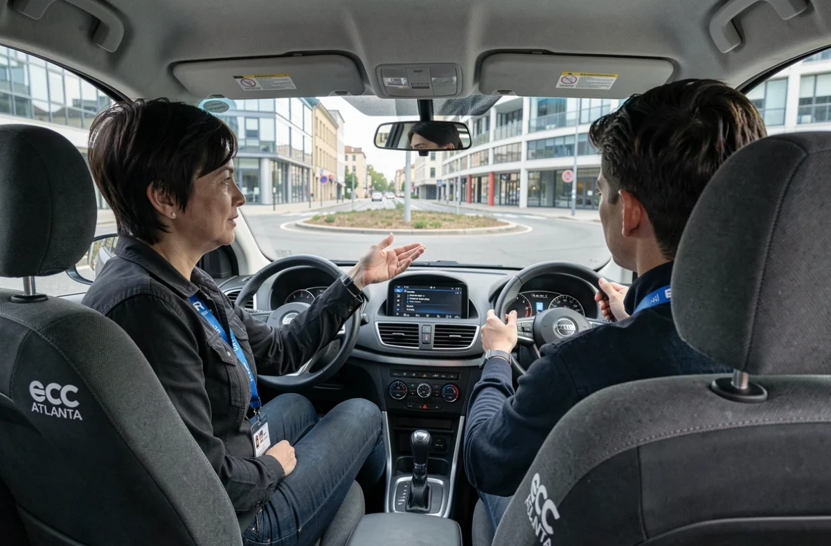 Instructrice ECF Atlanta guidant un élève conducteur dans un rond-point du quartier d'Atlanta à Toulouse