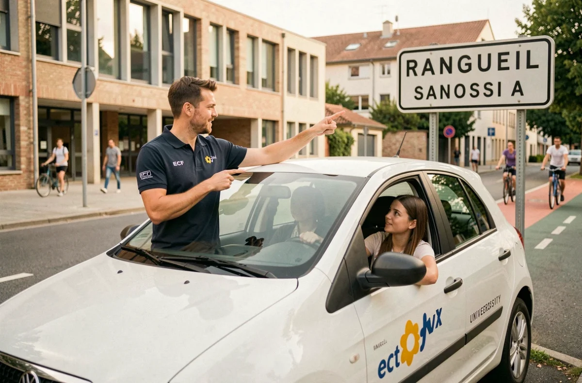 Instructeur ECF Rangueil expliquant un panneau de signalisation à une élève devant le campus universitaire de Rangueil à Toulouse