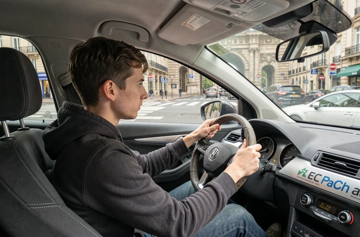 Élève en leçon de conduite avec ECF Récollets à Toulouse, au volant d'un véhicule d'auto-école à une intersection