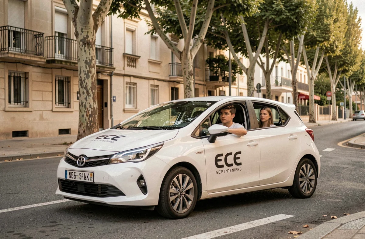 Élève en manœuvre de stationnement avec ECF Sept Deniers dans une rue résidentielle de Toulouse