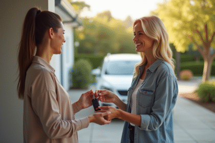 Deux personnes échangeant des clés de voiture dans une allée lumineuse
