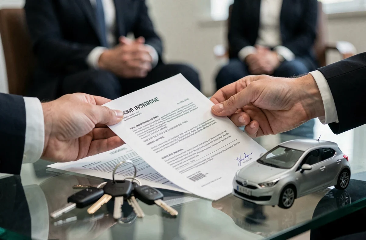 Échange de documents d'assurance automobile entre un client et un conseiller en leasing