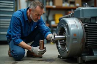 Électricien inspectant un moteur industriel avec condensateur
