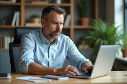 Homme d'affaires étudiant un rapport de vente sur son ordinateur